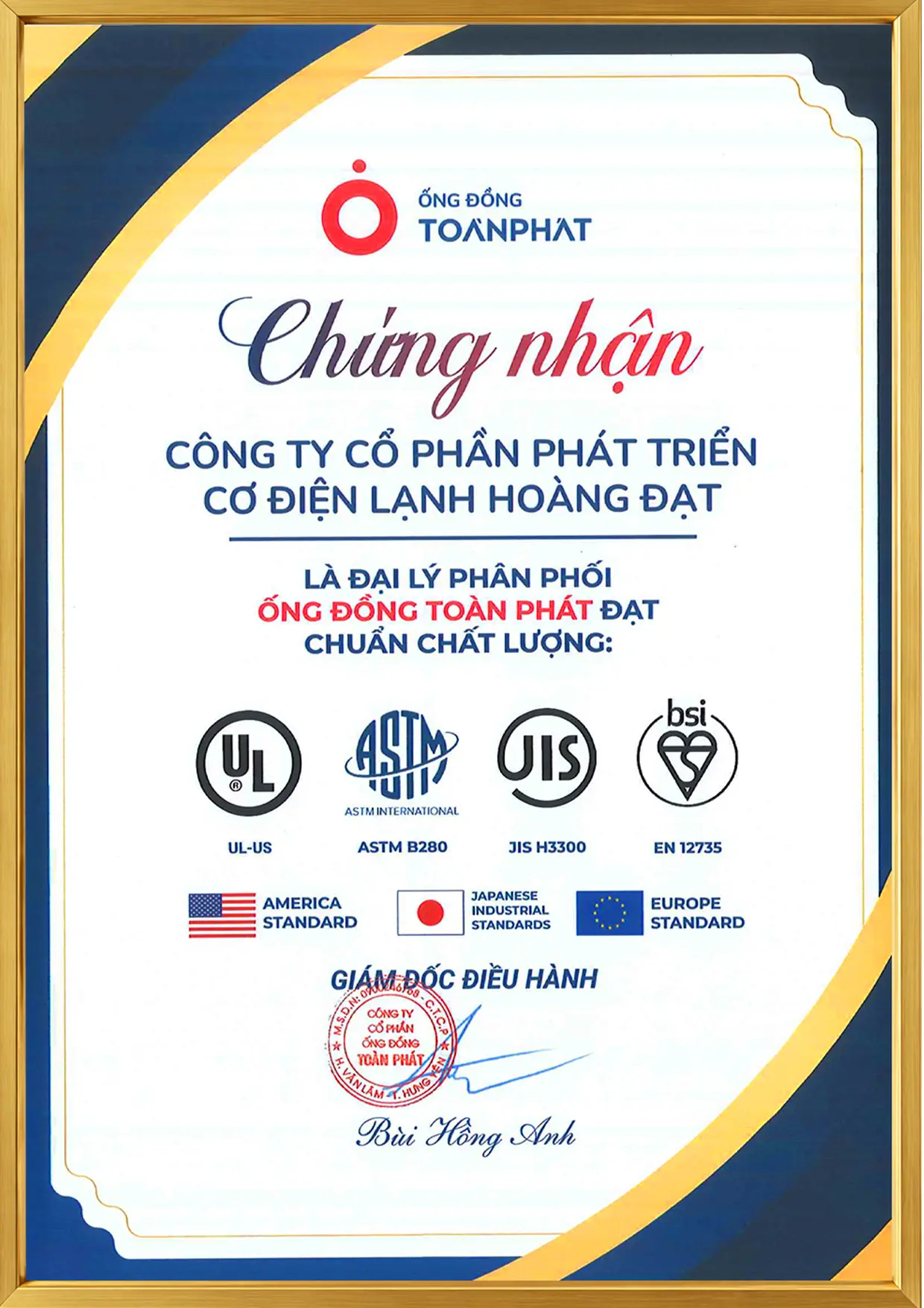 CHỨNG NHẬN HOÀNG ĐẠT LÀ NPP TOÀN PHÁT