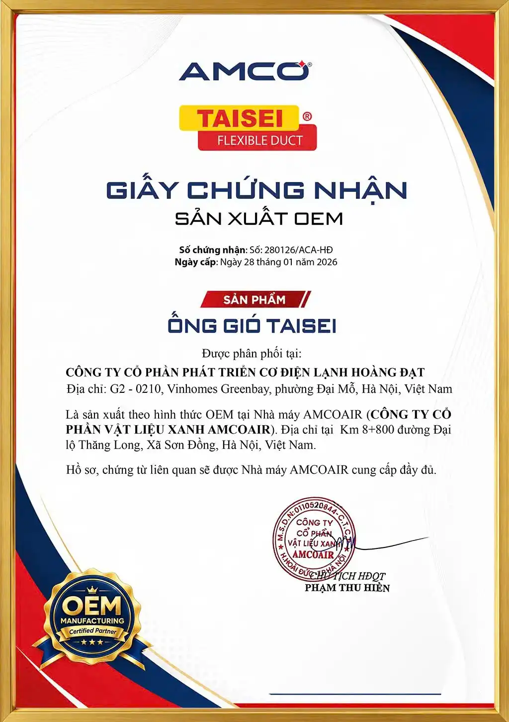 CHỨNG NHẬN HOÀNG ĐẠT LÀ NPP ỐNG GIÓ TAISEI