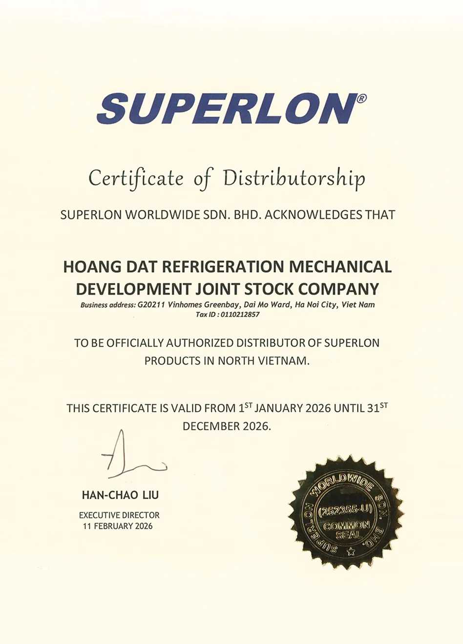 CHỨNG NHẬN HOÀNG ĐẠT LÀ NPP SUPERLON
