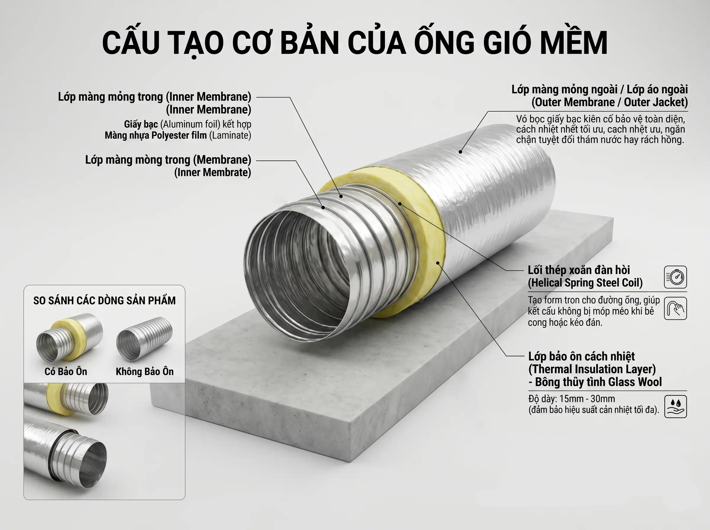 Cấu tạo ống gió mềm có bảo ôn